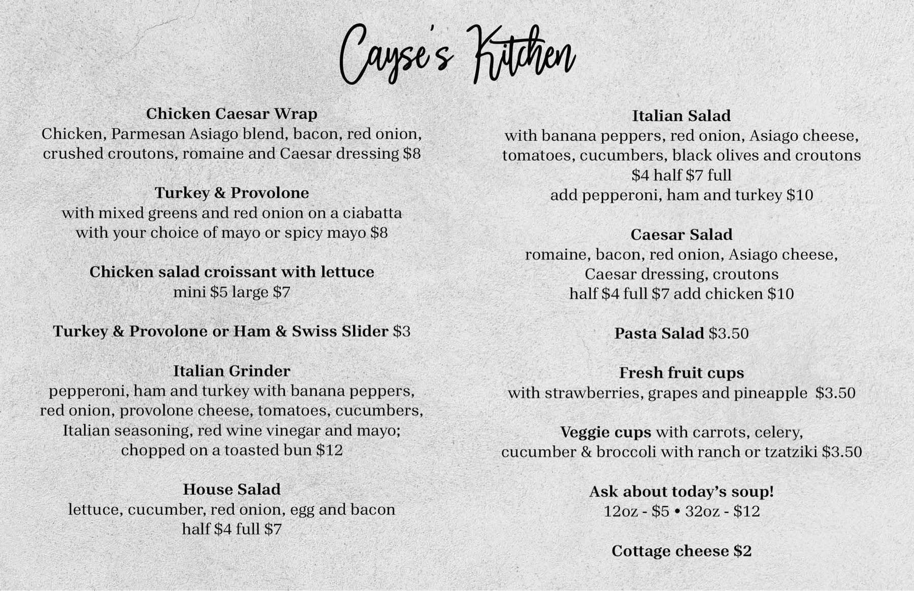 Cayse's Kitchen Daily Menu